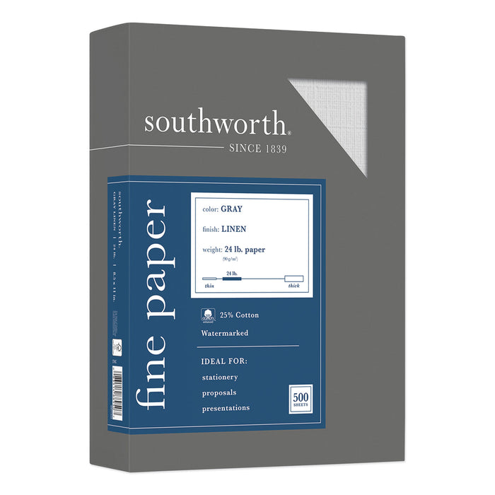 25% Cotton Linen Business Paper, 24 lb, 8.5 x 11, Gray, 500/Ream