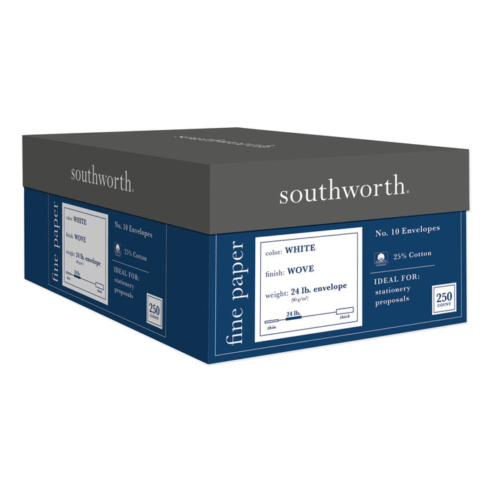 25% Cotton #10 Business Envelope, #10, Commercial Flap, Gummed Closure, 4.13 x 9.5, White, 250/Box