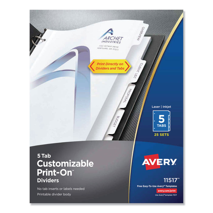 Customizable Print-On Dividers, Letter, 5-Tabs/Set, 25 Sets/Pack