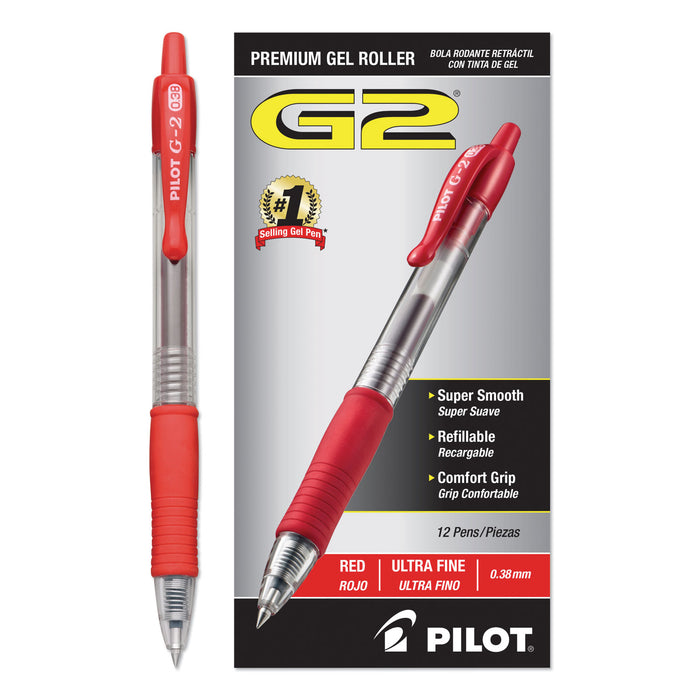 G2 Premium Retractable Gel Pen, Ultra-Fine 0.38 mm, Red Ink, Clear/Red Barrel