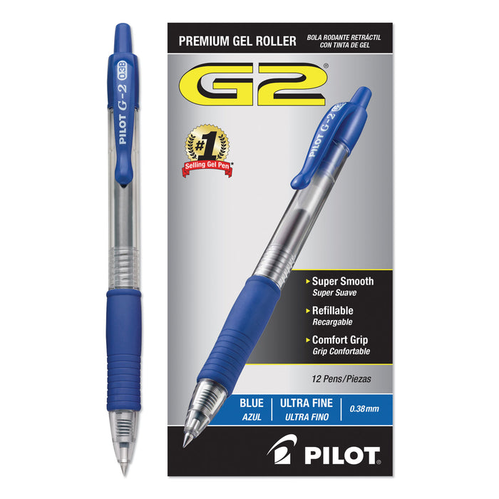 G2 Premium Retractable Gel Pen, 0.38 mm, Blue Ink, Clear/Blue Barrel, Dozen