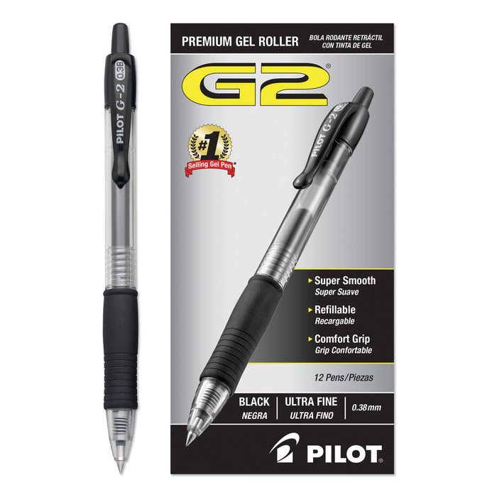 G2 Premium Retractable Gel Pen, 0.38 mm, Black Ink, Clear/Black Barrel, Dozen