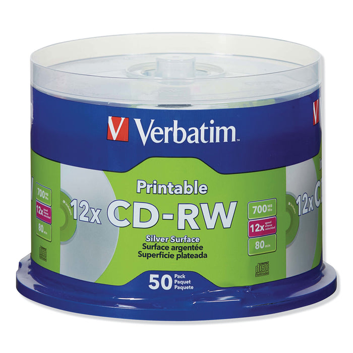 CD-RW Discs, Printable, 700MB/80min, 12X, Spindle, Silver, 50/Pack
