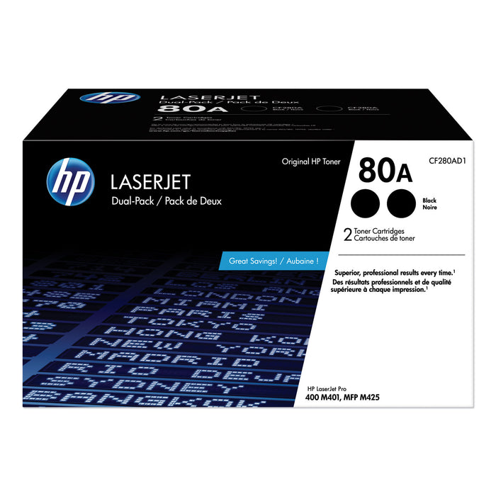 HP 80A, (CF280AD1) 2-Pack Black Original LaserJet Toner Cartridge