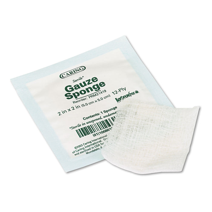 Caring Woven Gauze Sponges, 2 x 2, Sterile, 12-Ply, 2400/Carton