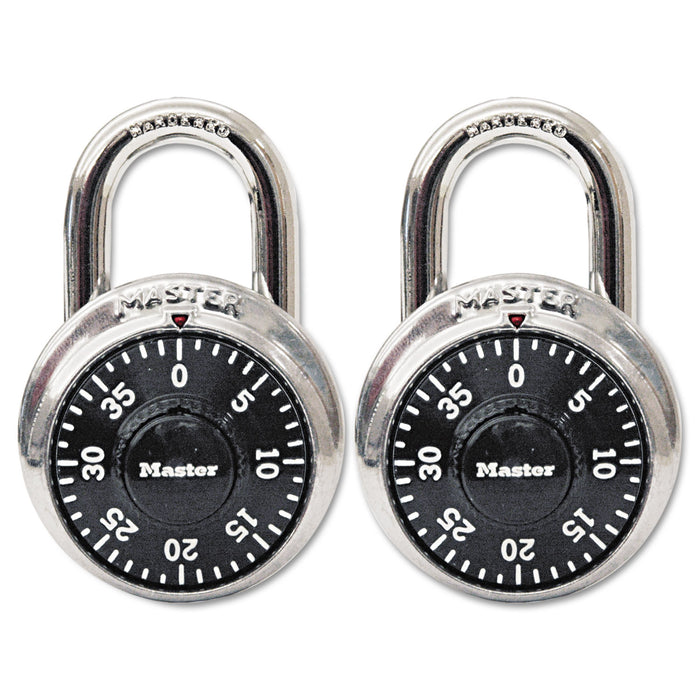 Combination Lock, Stainless Steel, 1 7/8" Wide, Black Dial, 2/Pack