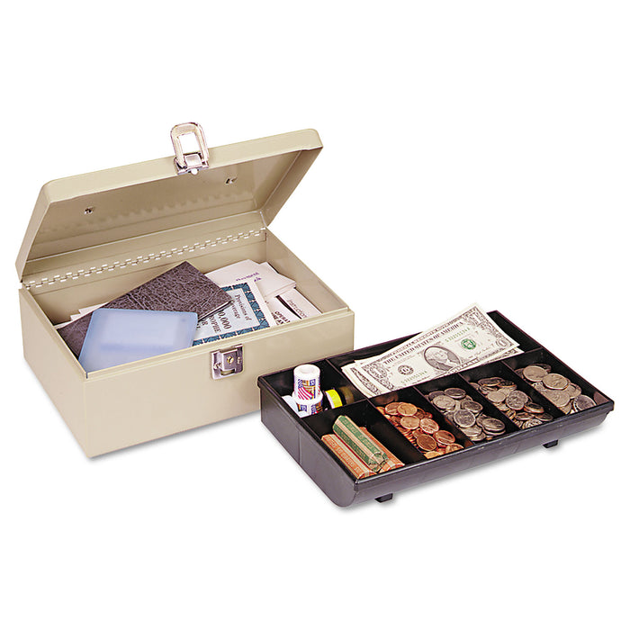 Heavy-Duty Steel Cash Box w/7 Compartments, Latch Lock, Sand