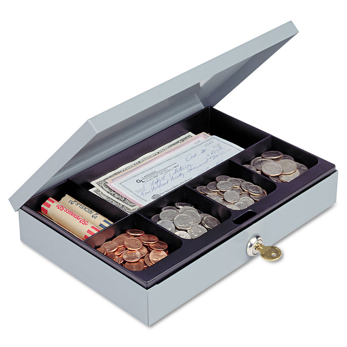 Heavy-Duty Steel Low-Profile Cash Box w/6 Compartments, Key Lock, Gray