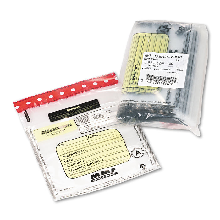 Tamper-Evident Deposit/Cash Bags, Plastic, 9 x 12, Clear, 100 Bags/Box