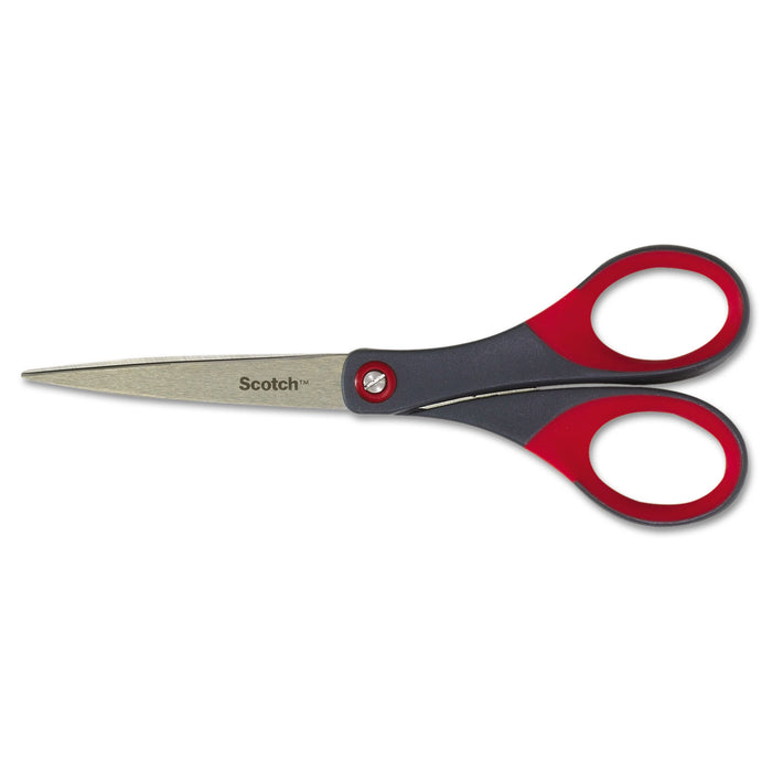 Precision Scissors, Pointed Tip, 7" Long, 2.5" Cut Length, Gray/Red Straight Handle