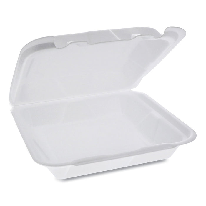 Foam Hinged Lid Containers, Dual Tab Lock Happy Face, 8 x 7.75 x 2.25, 1-Compartment, White, 200/Carton