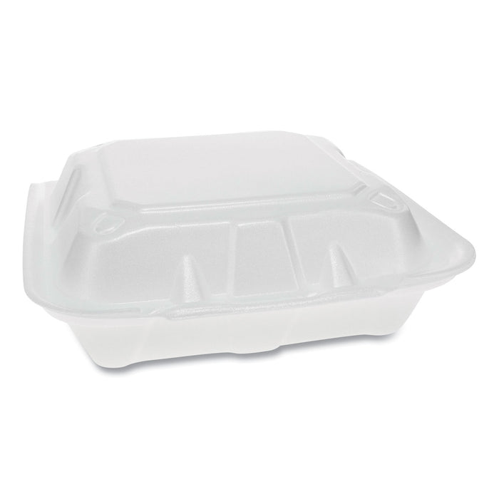 Foam Hinged Lid Containers, Dual Tab Lock Economy, 8.42 x 8.15 x 3, 3-Compartment, White, 150/Carton
