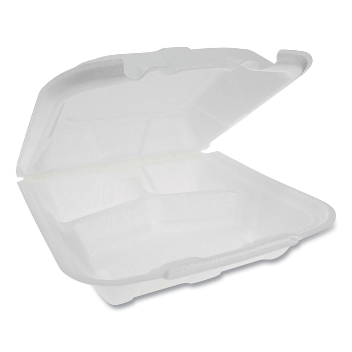Foam Hinged Lid Containers, Dual Tab Lock Economy, 9.13 x 9 x 3.25, 3-Compartment, White, 150/Carton