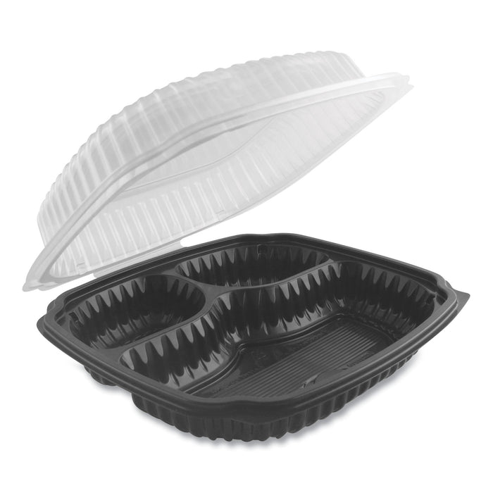 Culinary Lites Microwavable 3-Compartment Container, 26 oz/7 oz/7 oz, 9 x 9 x 3.01, Clear/Black, 100/Carton
