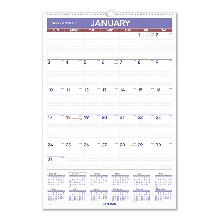 Erasable Wall Calendar, 15.5 x 22.75, White, 2021