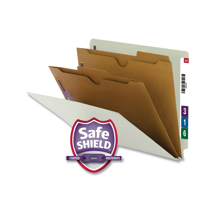 X-Heavy End Tab Pressboard Classification Folders w/SafeSHIELD Fasteners, 2-Pocket Dividers, Letter Size, Gray-Green, 10/Box