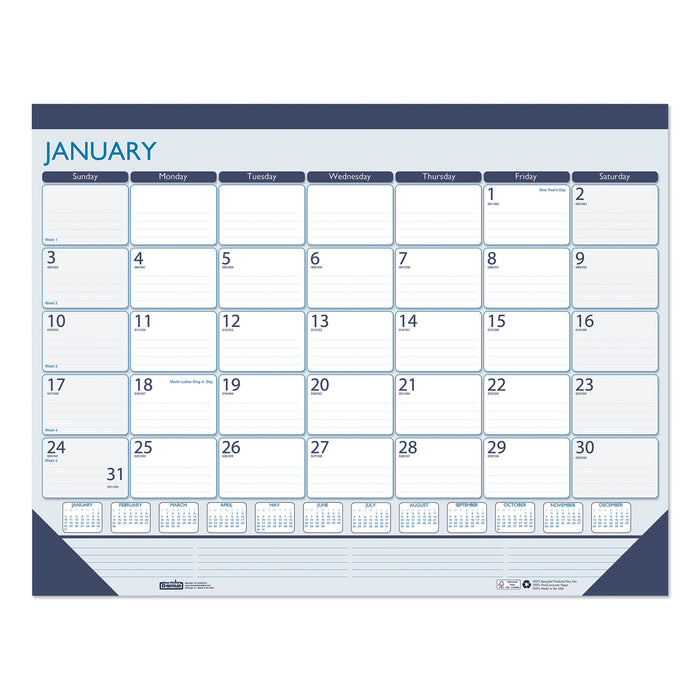 100% Recycled Contempo Desk Pad Calendar, 22 x 17, Blue, 2021