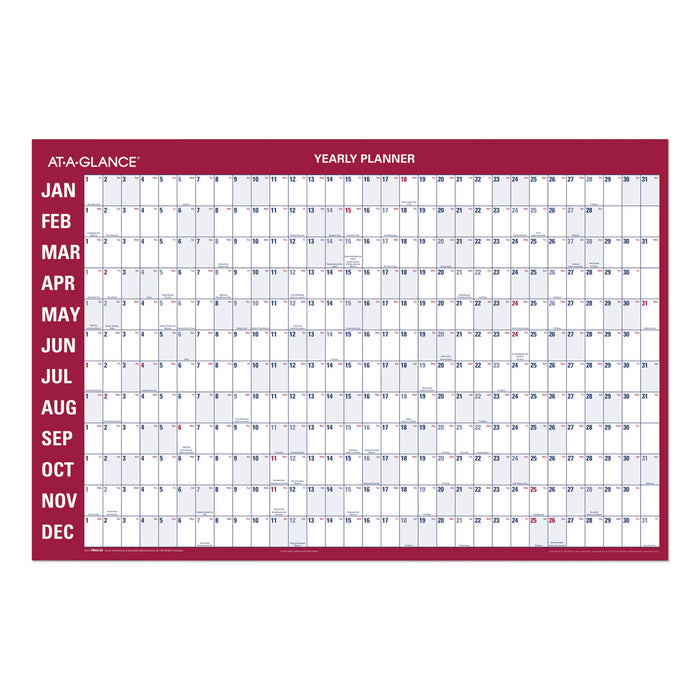 Horizontal Erasable Wall Planner, 36 x 24, White/Red, 2021