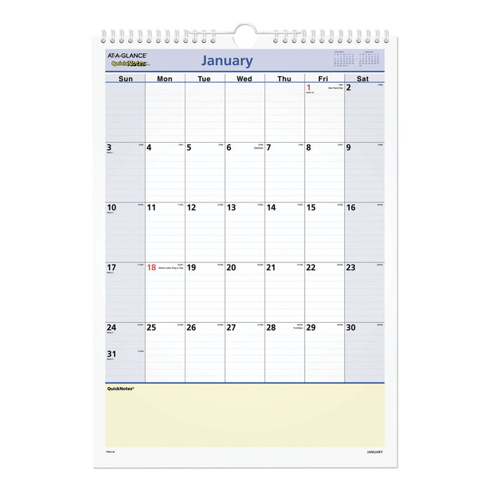QuickNotes Wall Calendar, 12 x 17, 2021