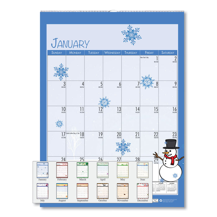 100% Recycled Seasonal Wall Calendar, 12 x 16.5, 2021