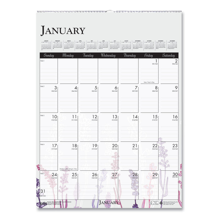 100% Recycled Wild Flower Wall Calendar, 12 x 16.5, Wild Flowers, 2021