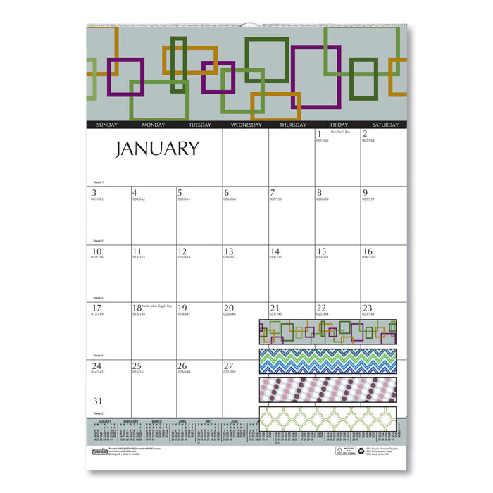 100% Recycled Geometric Wall Calendar, 12 x 16.5, 2021