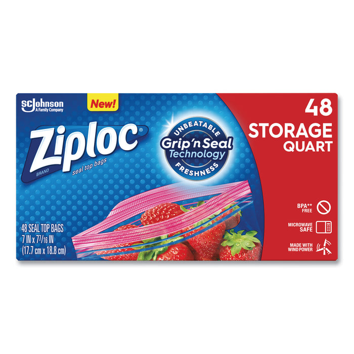 Double Zipper Storage Bags, 1 qt, 1.75 mil, 9.63" x 8.5", Clear, 48/Box