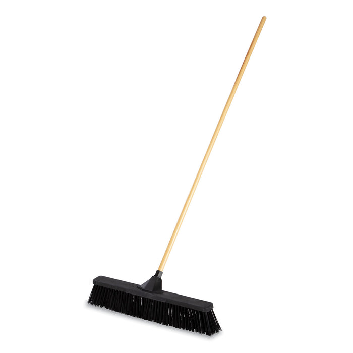 Push Brooms, 24" Brush, PP Bristles, For Rough Floor Surfaces, 62" Wood Handle, Black