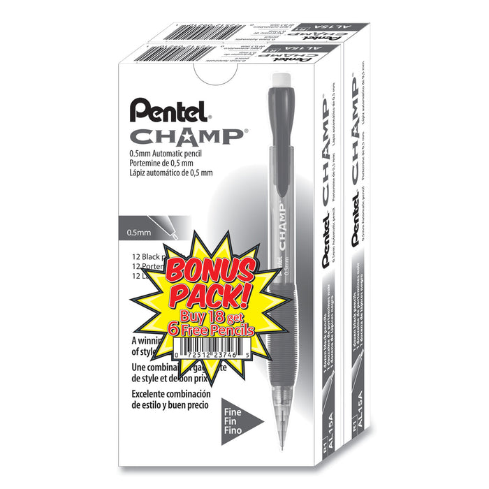 Champ Mechanical Pencil, 0.5 mm, HB (#2.5), Black Lead, Translucent Black Barrel, 24/Pack