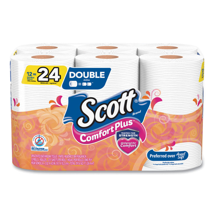 ComfortPlus Toilet Paper, Double Roll, Bath Tissue, Septic Safe, 1-Ply, White, 231 Sheets/Roll, 12 Rolls/Pack