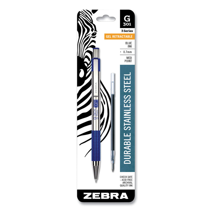 G-301 Retractable Gel Pen, Medium 0.7 mm, Blue Ink, Stainless Steel/Blue Barrel