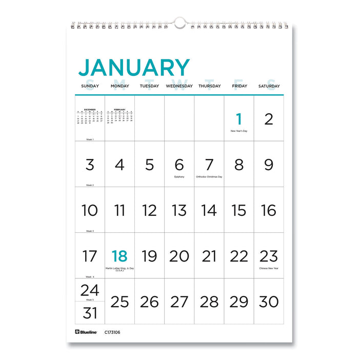 12-Month Large Print Wall Calendar, 12 x 17, White/Blue, 2021