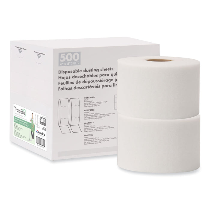 TrapEze Disposable Dusting Sheets, 5" x 125 ft, White, 250 Sheets/Roll, 2 Rolls/Carton