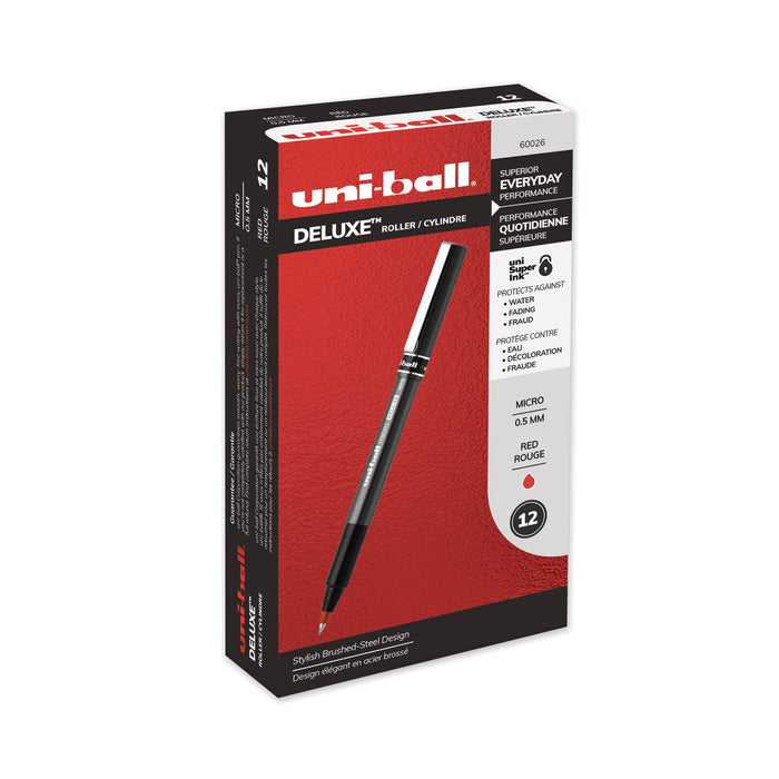Deluxe Stick Roller Ball Pen, Micro 0.5mm, Red Ink, Metallic Gray Barrel, Dozen