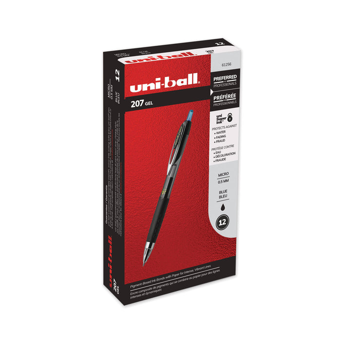 Signo 207 Retractable Gel Pen, Micro 0.5mm, Blue Ink, Smoke/Black/Blue Barrel, Dozen