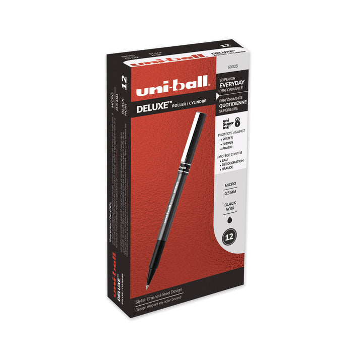 Deluxe Stick Roller Ball Pen, Micro 0.5mm, Black Ink, Metallic Gray Barrel, Dozen