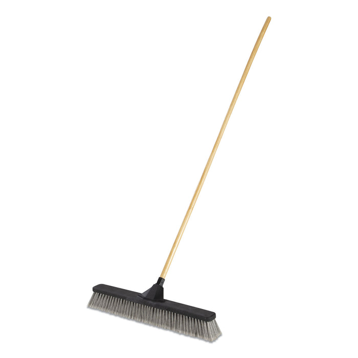 Push Brooms, 24" Brush, PET Bristles, For Fine Debris, 62" Wood Handle, Black