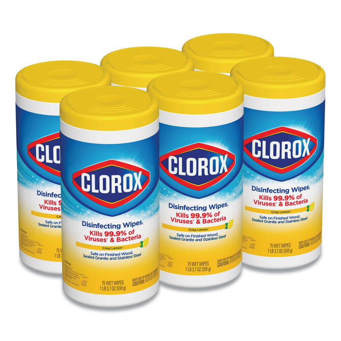 Disinfecting Wipes, 7 x 7 3/4, Crisp Lemon, 75/Canister, 6 Canisters/Carton