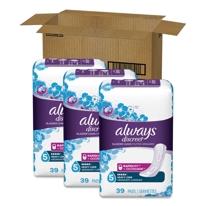 Discreet Sensitive Bladder Protection Pads, Heavy, Long, 39/Pack, 3 Packs/Carton
