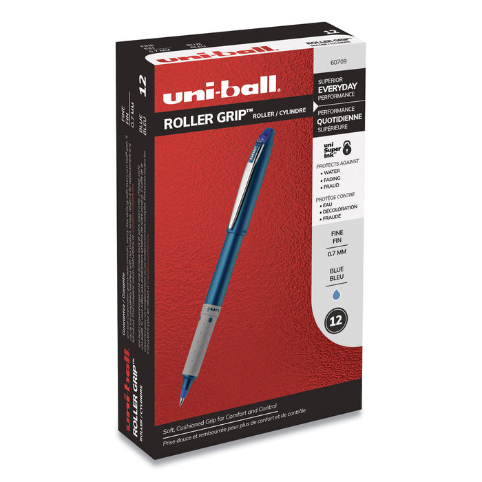 Grip Stick Roller Ball Pen, Fine 0.7mm, Blue Ink/Barrel, Dozen