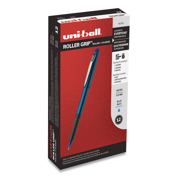 Grip Stick Roller Ball Pen, Micro 0.5mm, Blue Ink/Barrel, Dozen