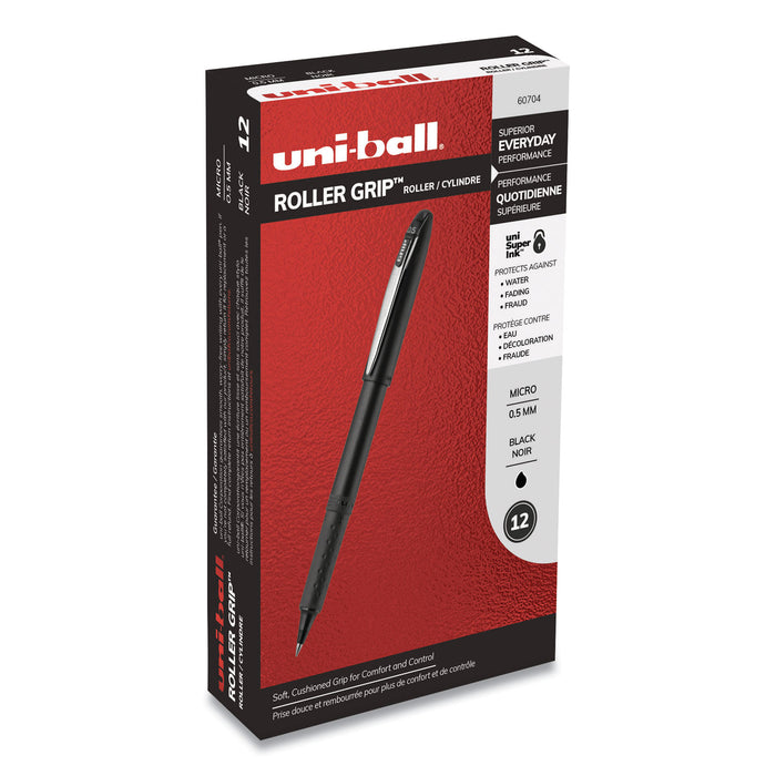 Grip Stick Roller Ball Pen, Micro 0.5mm, Black Ink/Barrel, Dozen
