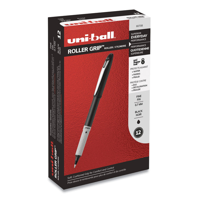 Grip Stick Roller Ball Pen, Fine 0.7 mm, Black Ink/Barrel, Dozen