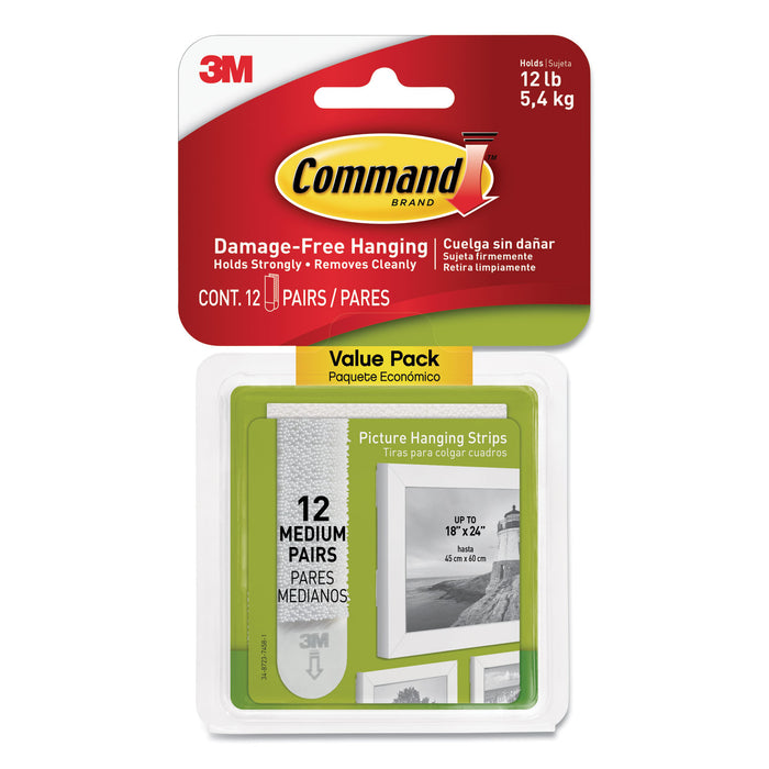Picture Hanging Strips, Value Pack, Medium, Removable, 0.75" x 2.75", White, 12 Pairs/Pack