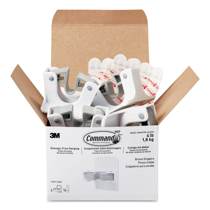 Broom Gripper, 3.12 x 1.85 x 3.34, White/Gray, 6 Grippers/16 Strips/Pack