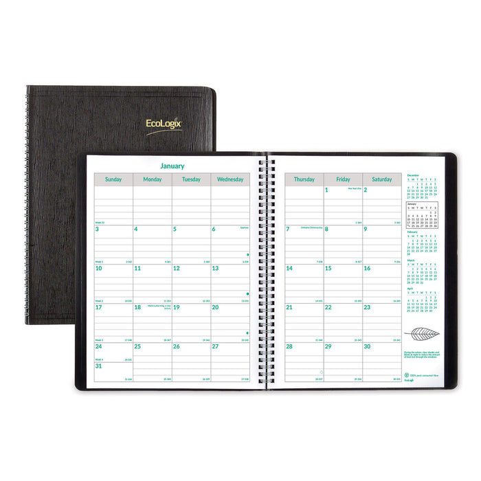 EcoLogix Recycled Monthly Planner, 11 x 8.5, Black Soft Cover, 2021