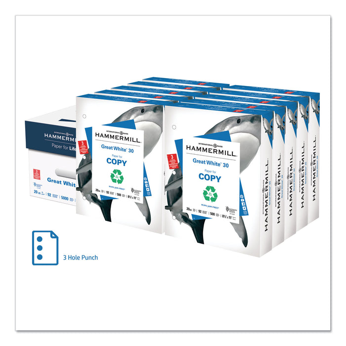 Great White 30 Recycled Print Paper, 92 Bright, 3Hole, 20lb, 8.5 x 11, White, 500 Sheets/Ream, 10 Reams/Carton