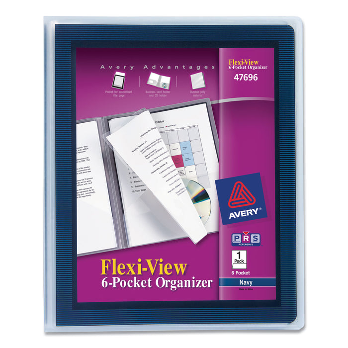 Flexi-View Six-Pocket Polypropylene Organizer, 150-Sheet Cap., Translucent/Navy