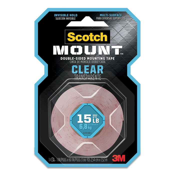Double-Sided Mounting Tape, Industrial Strength, 1" x 60", Clear/Red Liner