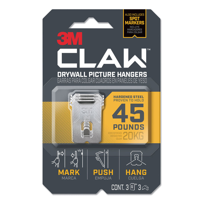 Claw Drywall Picture Hanger, Holds 45 lbs, 3 Hooks and 3 Spot Markers, Stainless Steel